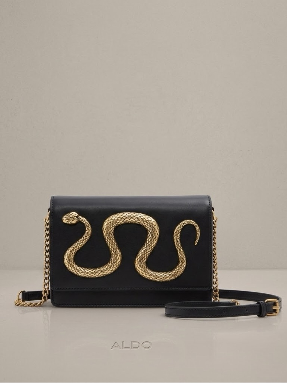 Aldo Serpent Gold Snake Metal Black Faux Leather Purse Chain Crossbody Bag NWOT